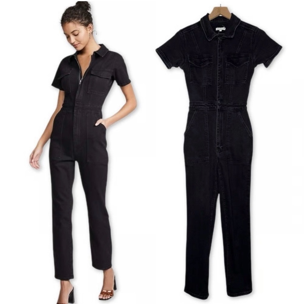 Good American Fit For Success Jumpsuit Women's Sz 2 Black Utility Denim Zip-Up
